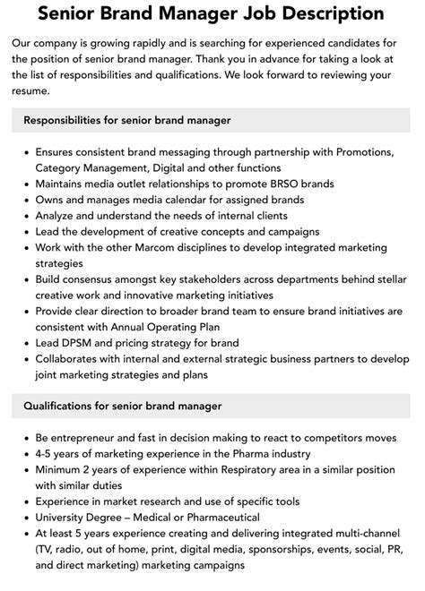 Senior Brand Manager Job Description .